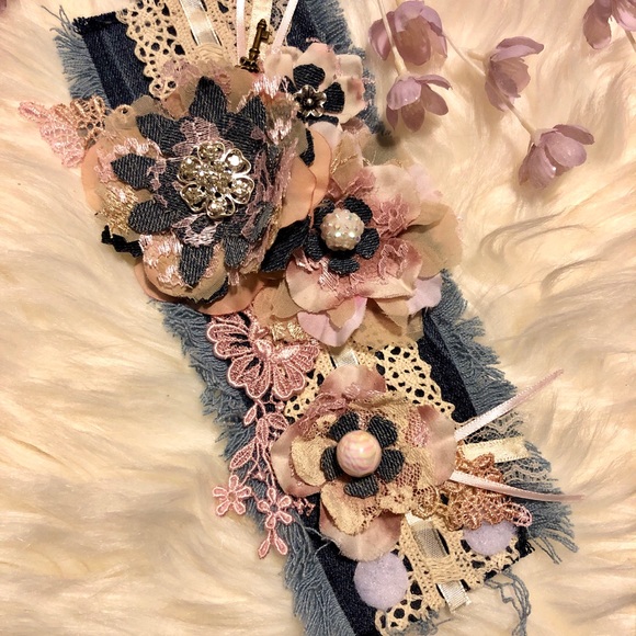 Denim Cuff Floral Pink Sabby Boho Chic Bracelet Handmade - Picture 3 of 8